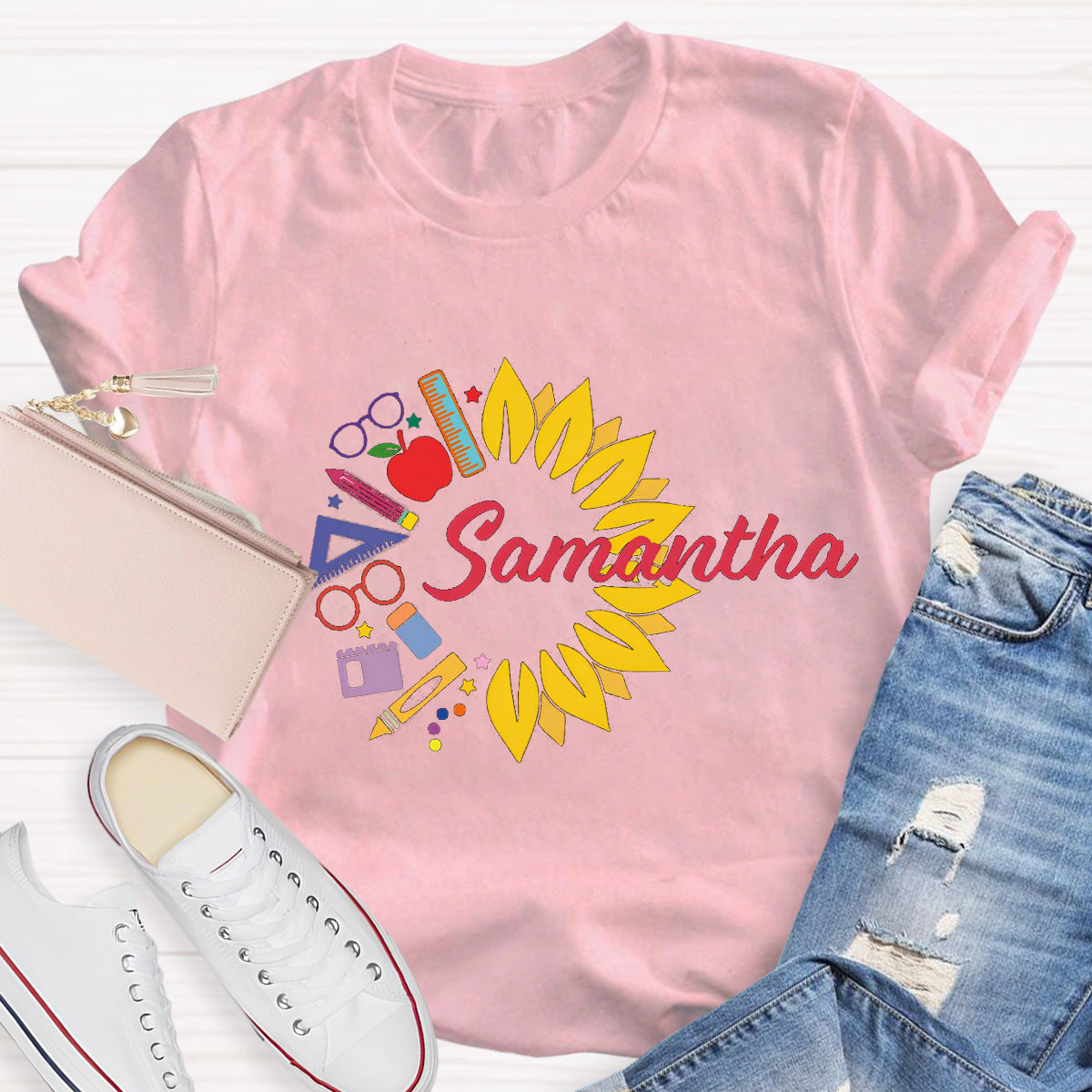 Personalized Name Sunflower Pencil Samantha Teacher T-Shirt