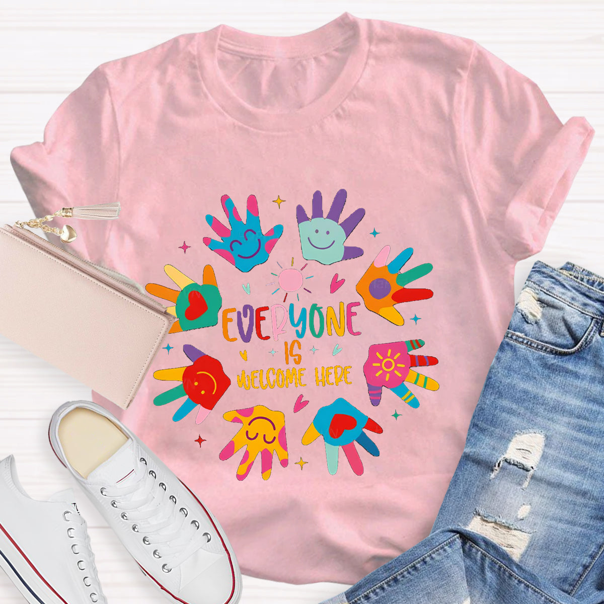 Everyone Is Welcome Here Colorful Hands Teacher T-Shirt