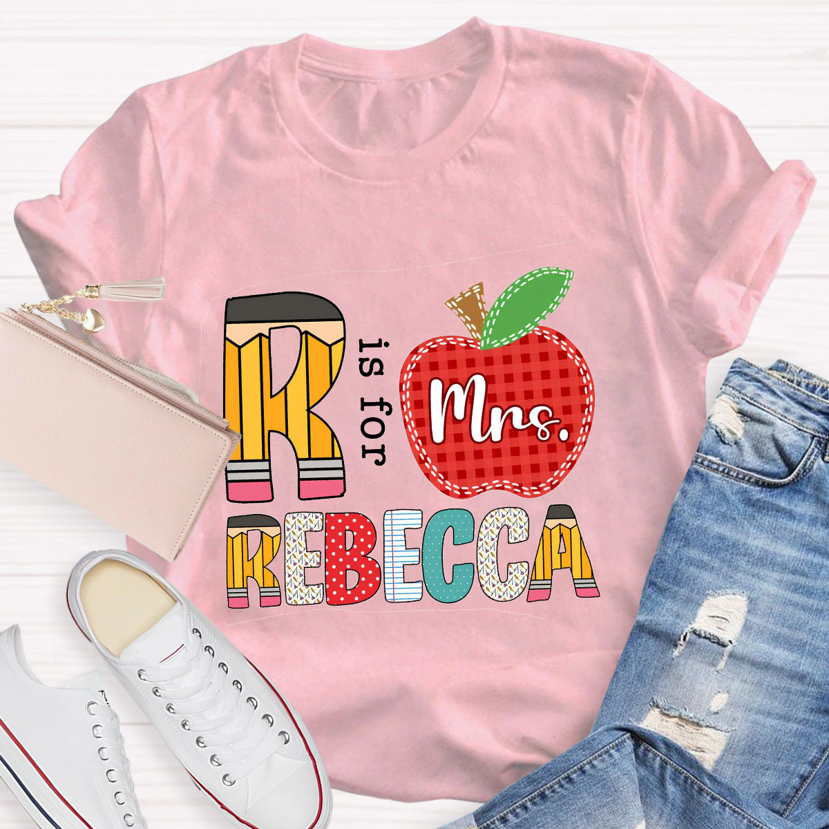 Personalized Name Red Apple R Is For Rebecca Teacher T-Shirt