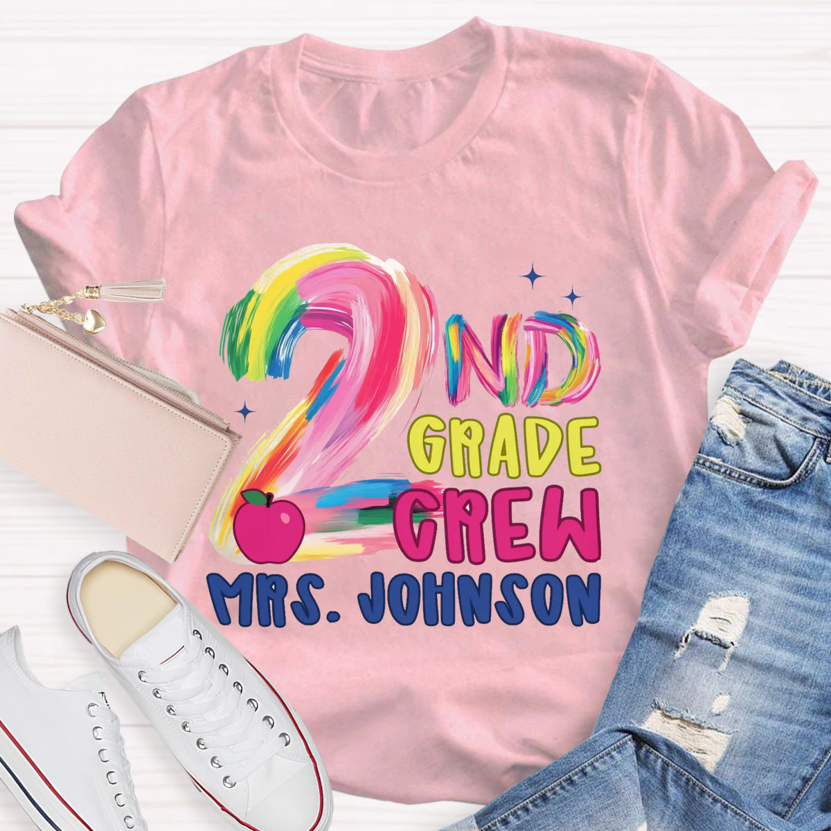 Personalized Grade And Name Pink Apple Teacher T-Shirt