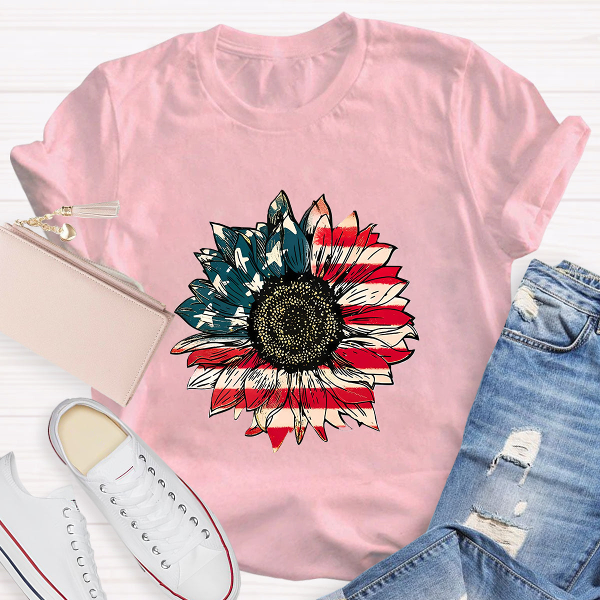 US Flag Flower Teacher T-Shirt