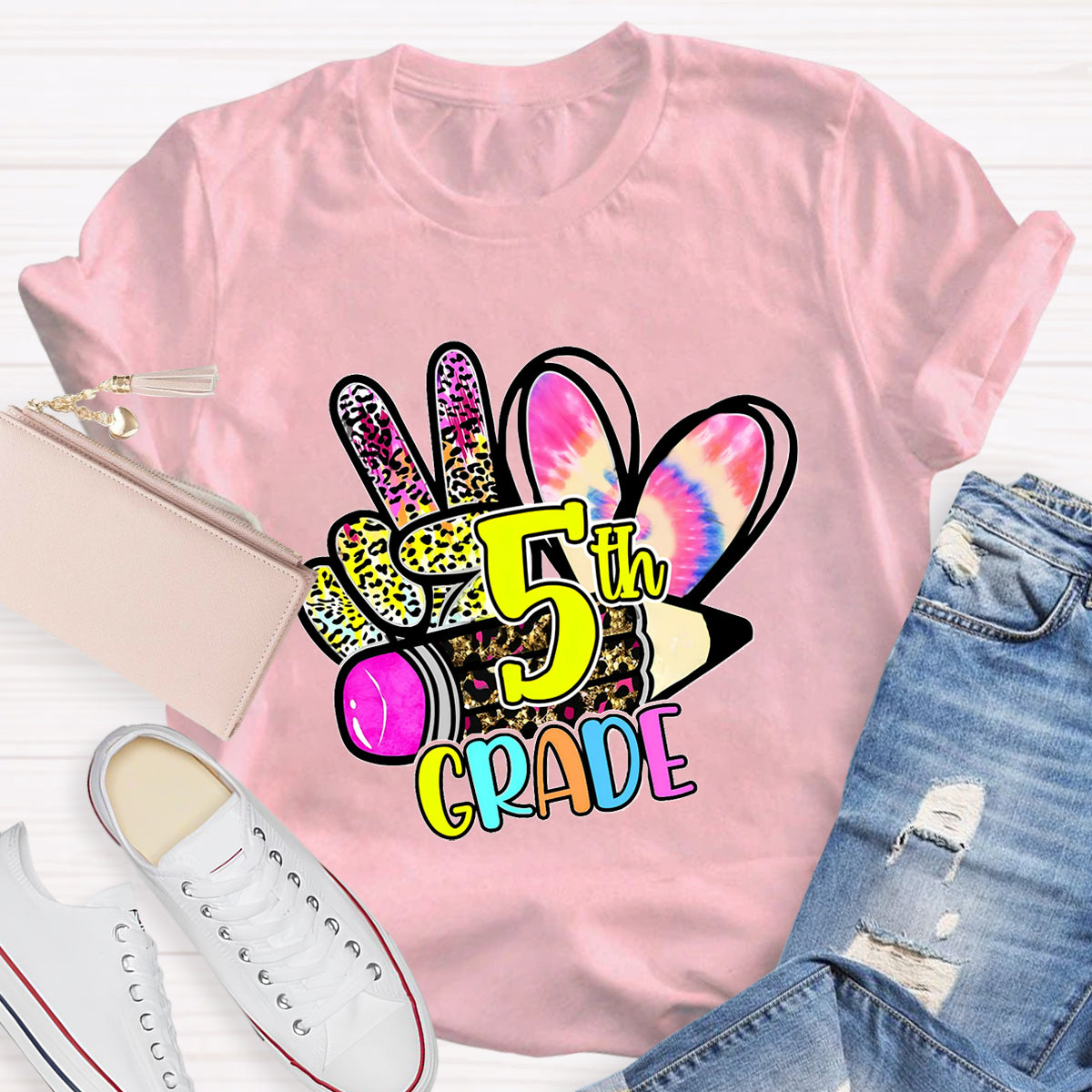Personalized Grade Colorful Leopard Heart 5th Grade Teacher T-Shirt
