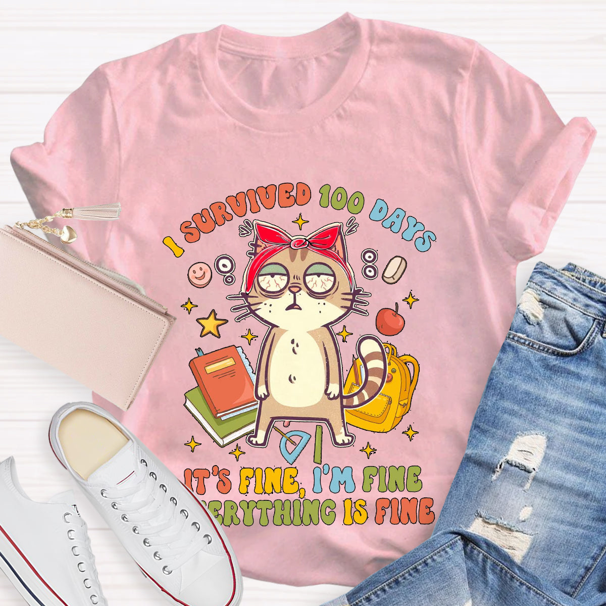 I Survived 100 Days Everything Is Fine Funny Cat T-Shirt