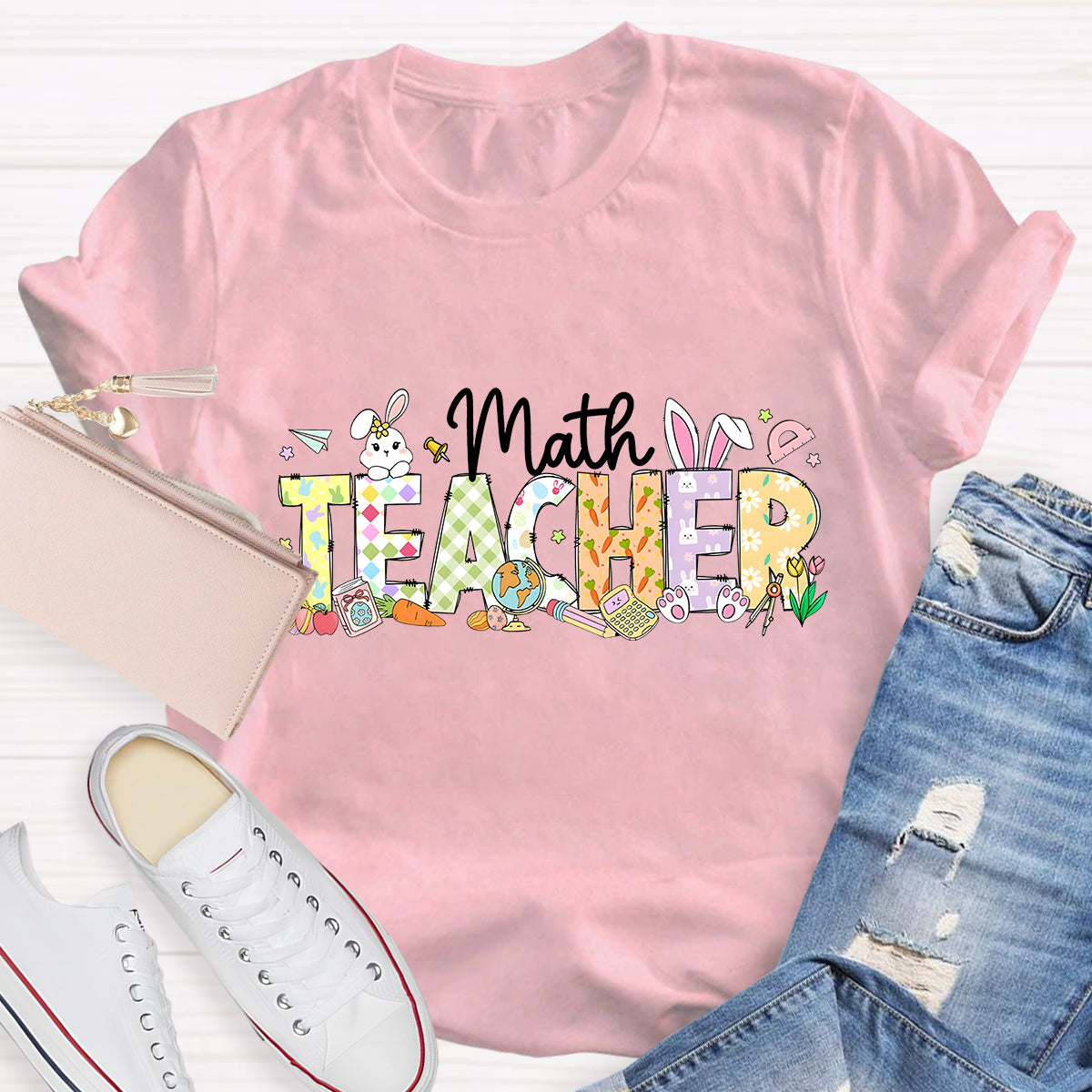 Happy Easter Math Teacher Pink Rabbits Teacher T-Shirt