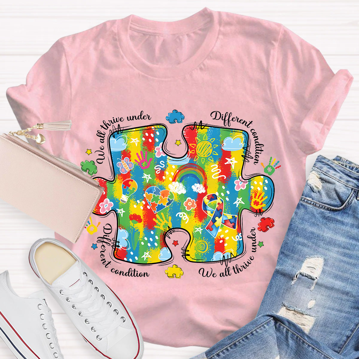 We All Think Under Different Condition Rainbow Puzzle Teacher T-Shirt