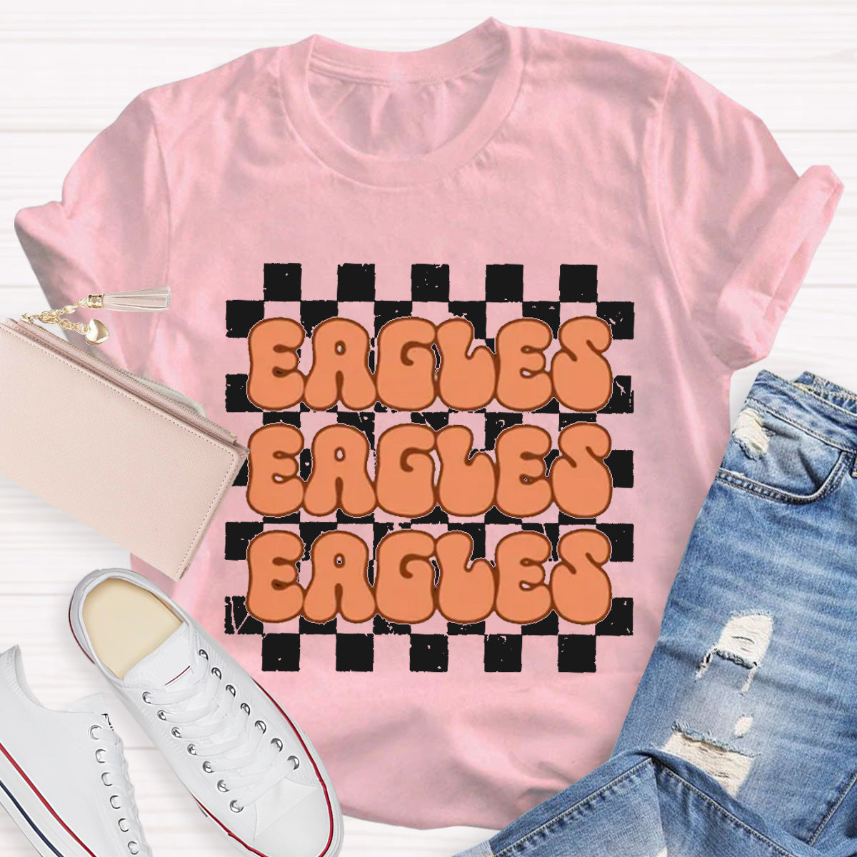 Personalized Mascot Eagles Chessboard pattern Teacher T-Shirt