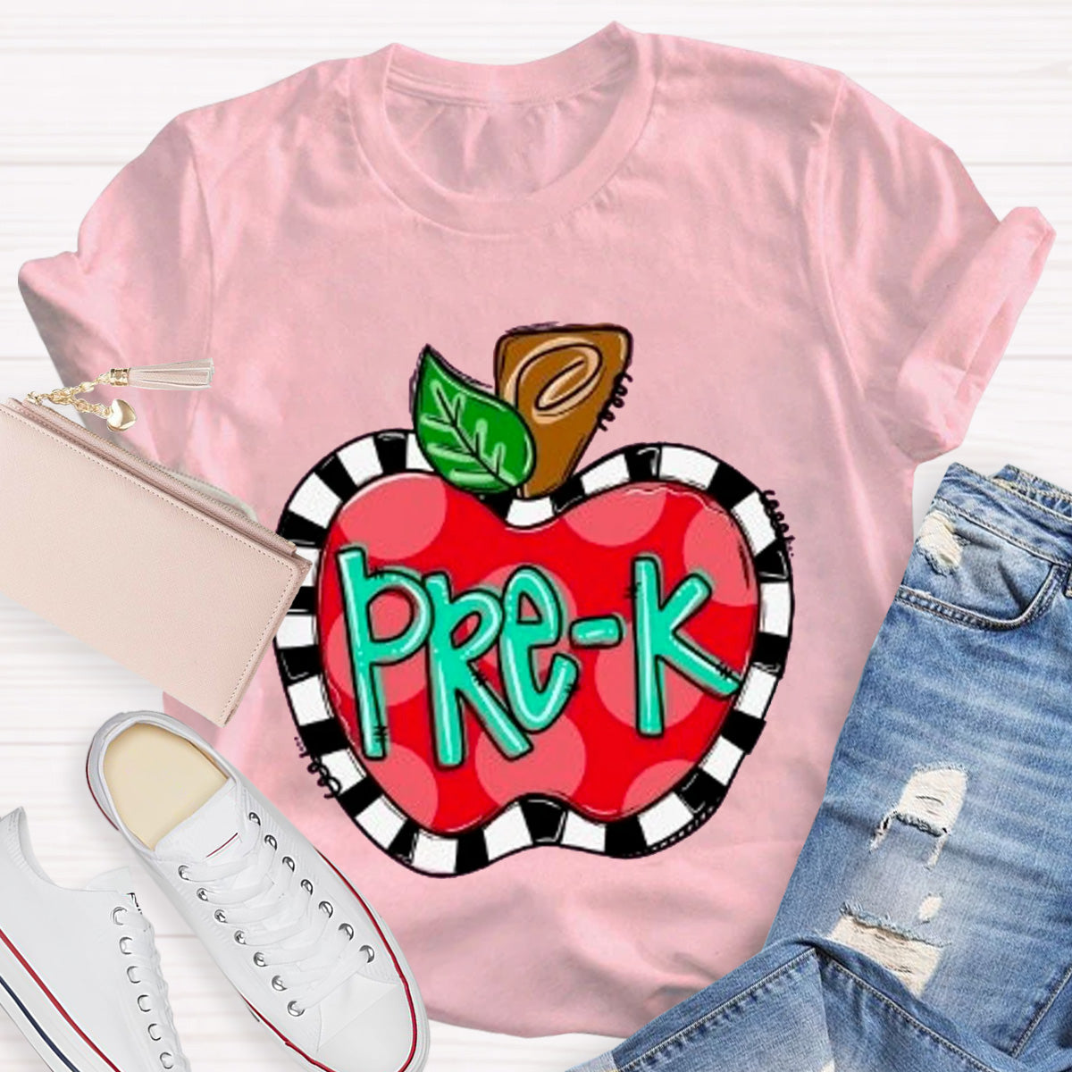 Personalized Grade Teacher Color Block  Apple Printed T-Shirt
