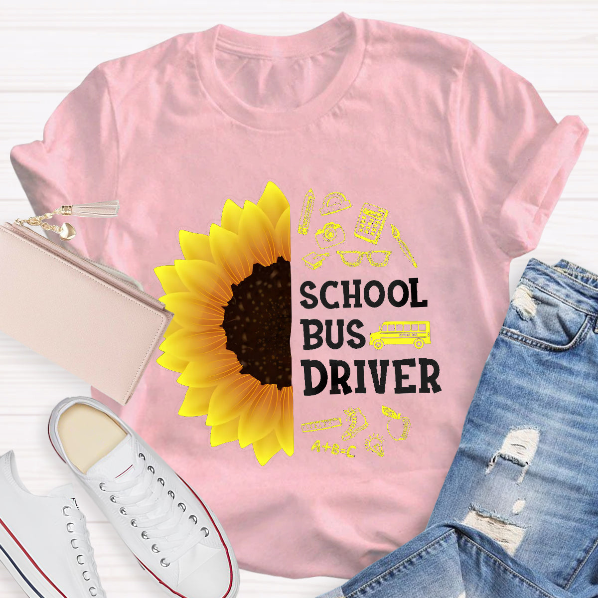 School Bus Driver Sunflower Teacher T-Shirt