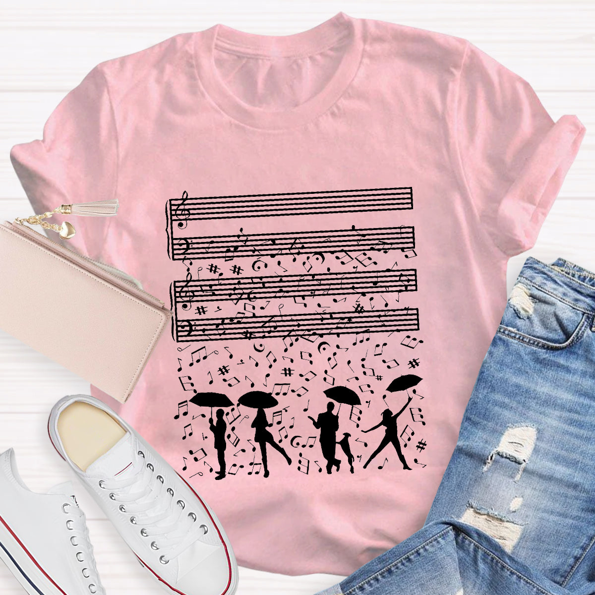 Dancing On The Rainy Night Under The Musical Notes Teacher T-Shirt