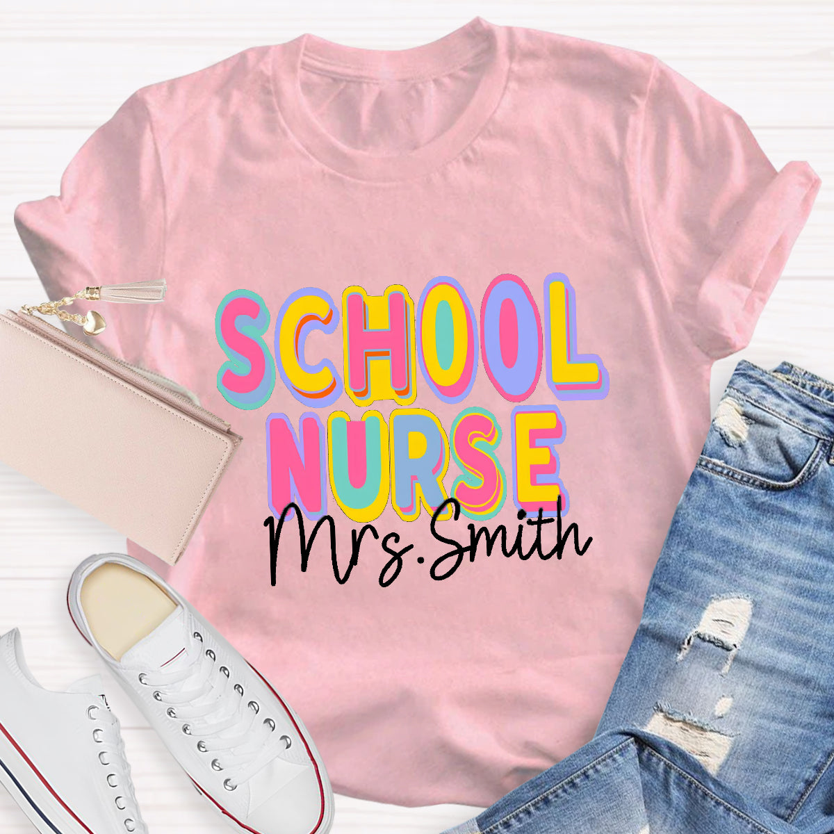 Personalized School Nurse Name Colorful Printed Letter T-Shirt