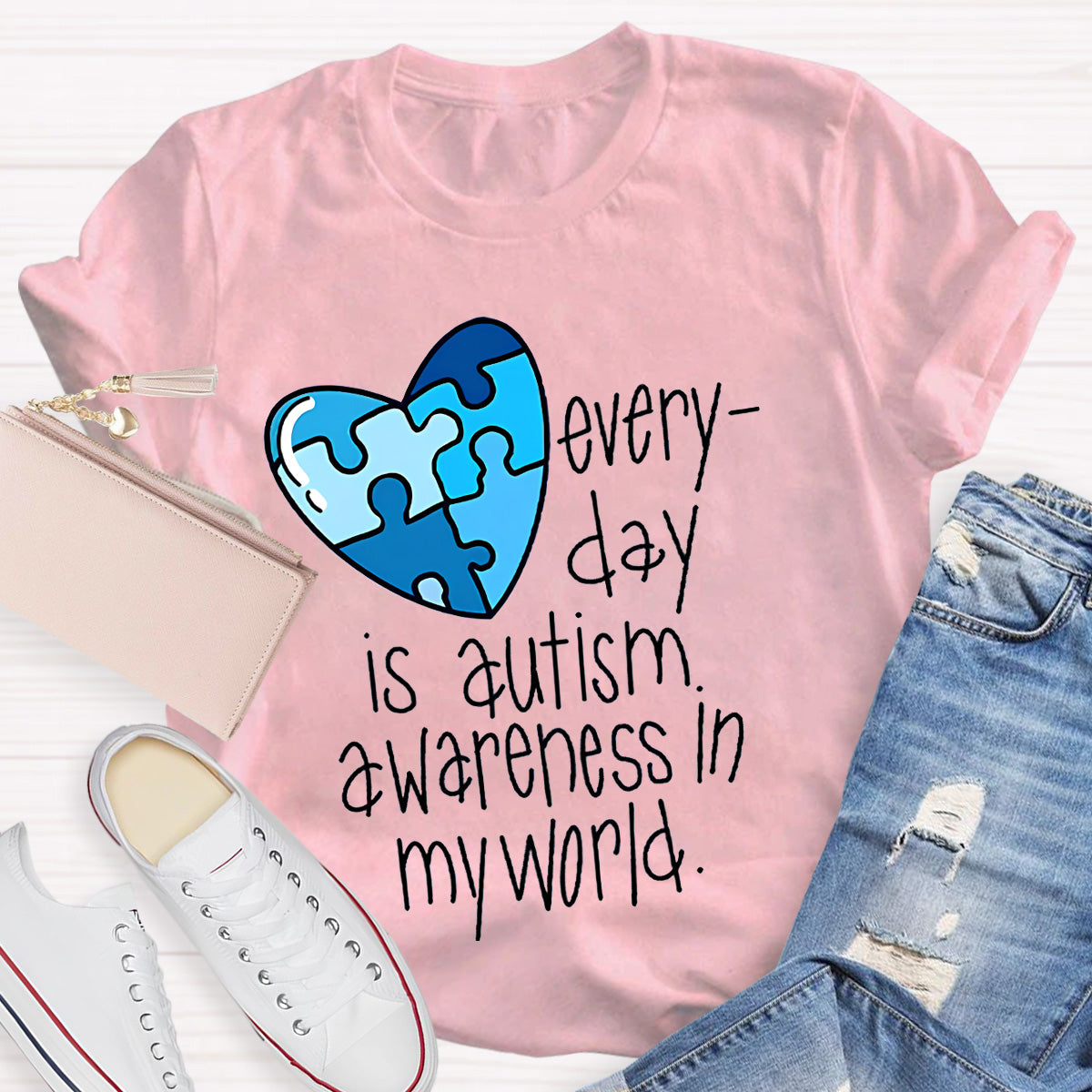 Blue Heart Awareness In My World Teacher T-Shirt