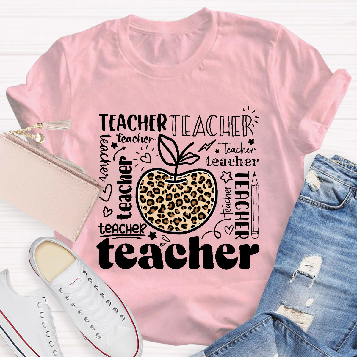 Teacher Various Fonts Various Fonts Leopard Apple T-Shirt