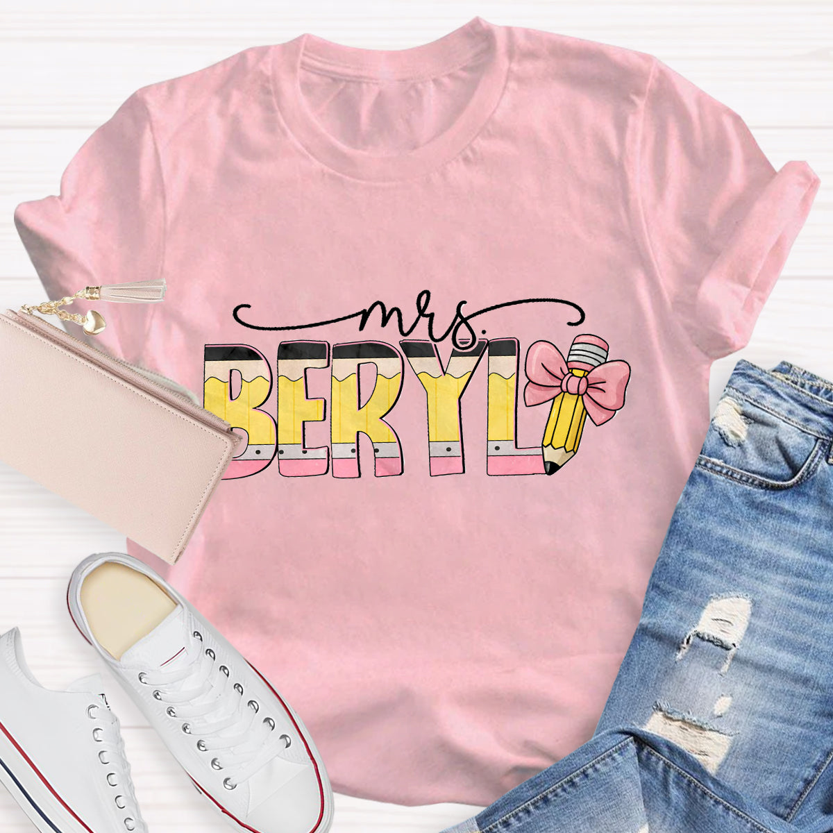 Personalized Teacher Name Pink Pencil T-Shirt