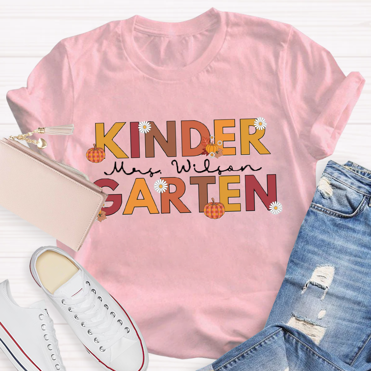 Personalized Name Fall Thanksgiving Kindergarten Teacher T-Shirt
