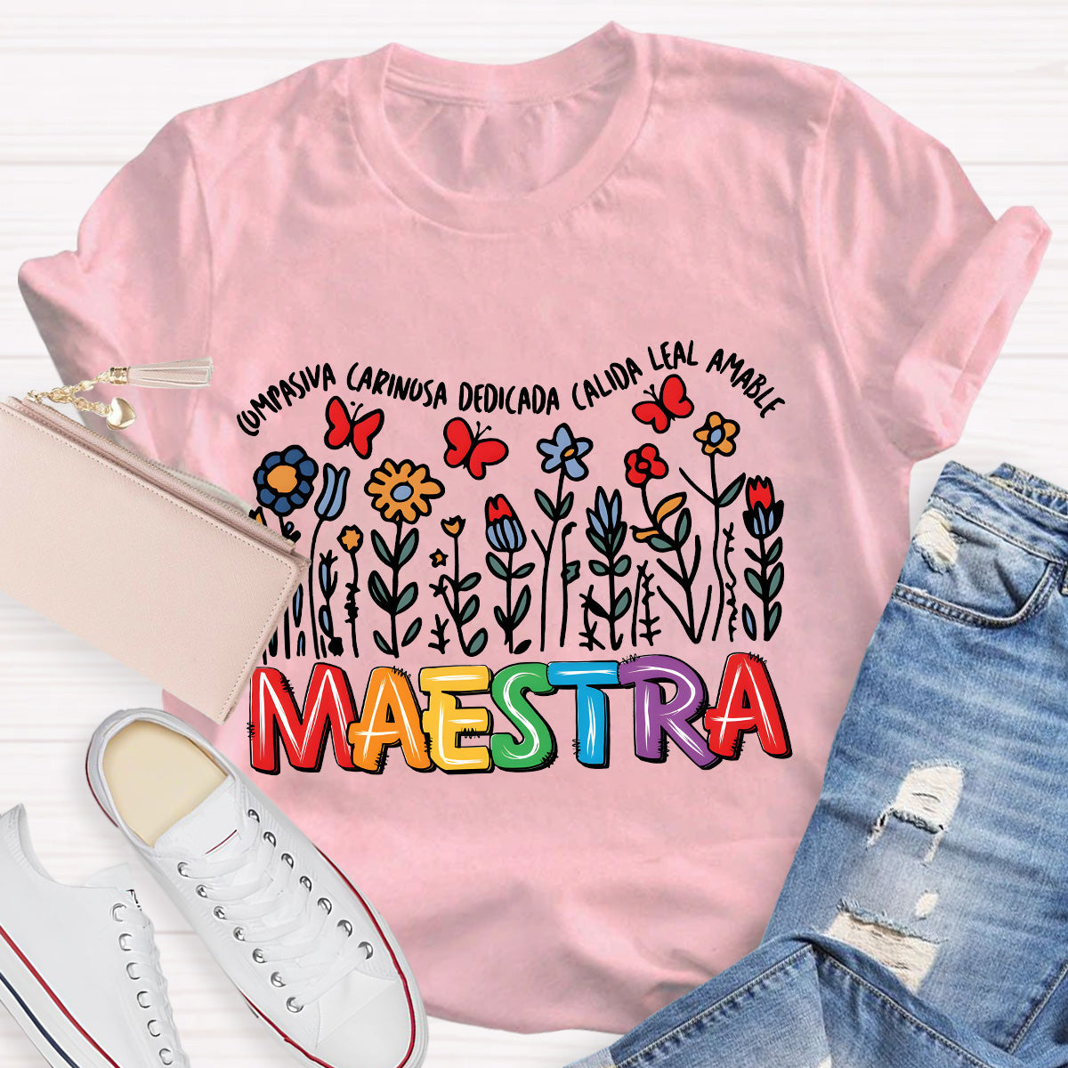 Maestra Butterfly And Flowers Teacher T-Shirt
