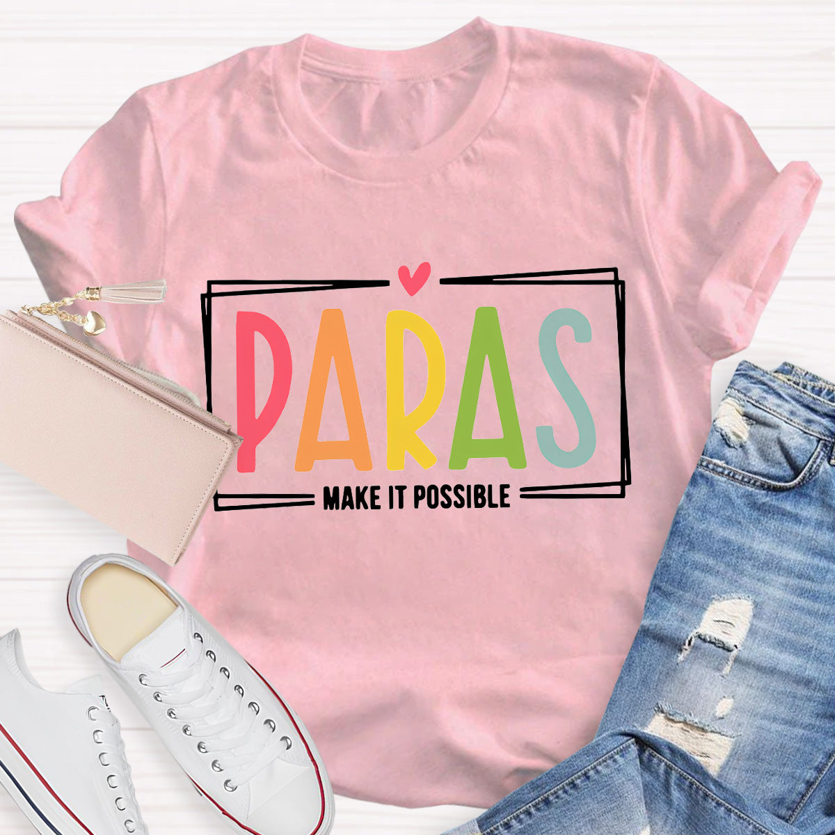 Make It Possible Pink Heart  Teacher T-Shirt