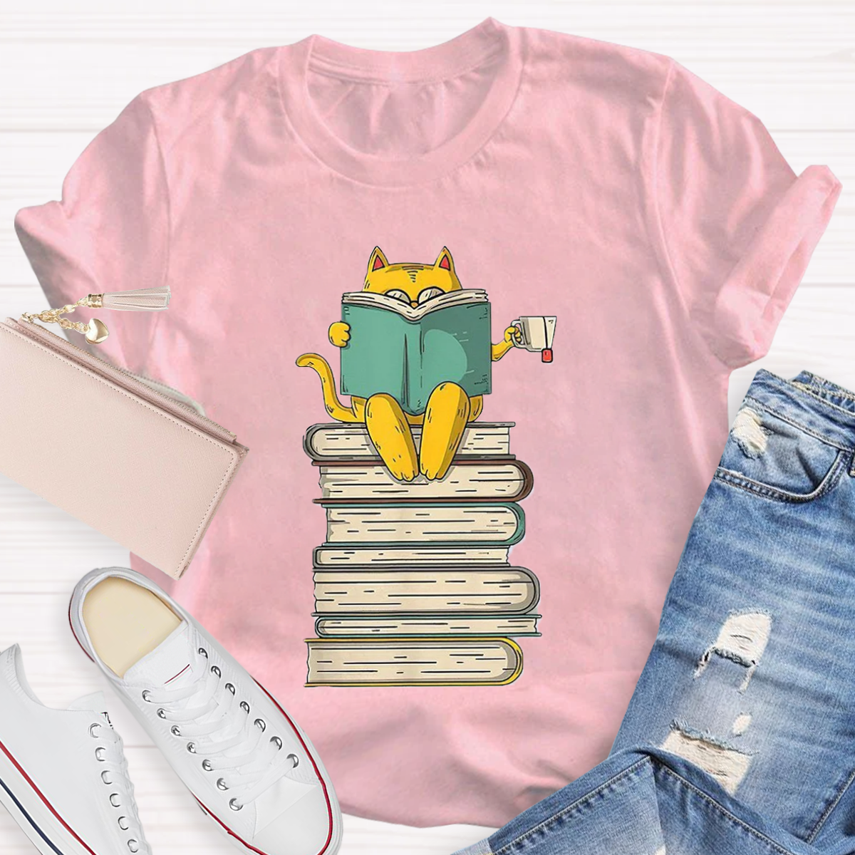 Reading Cat Funny Book & Tea Lover T-Shirt