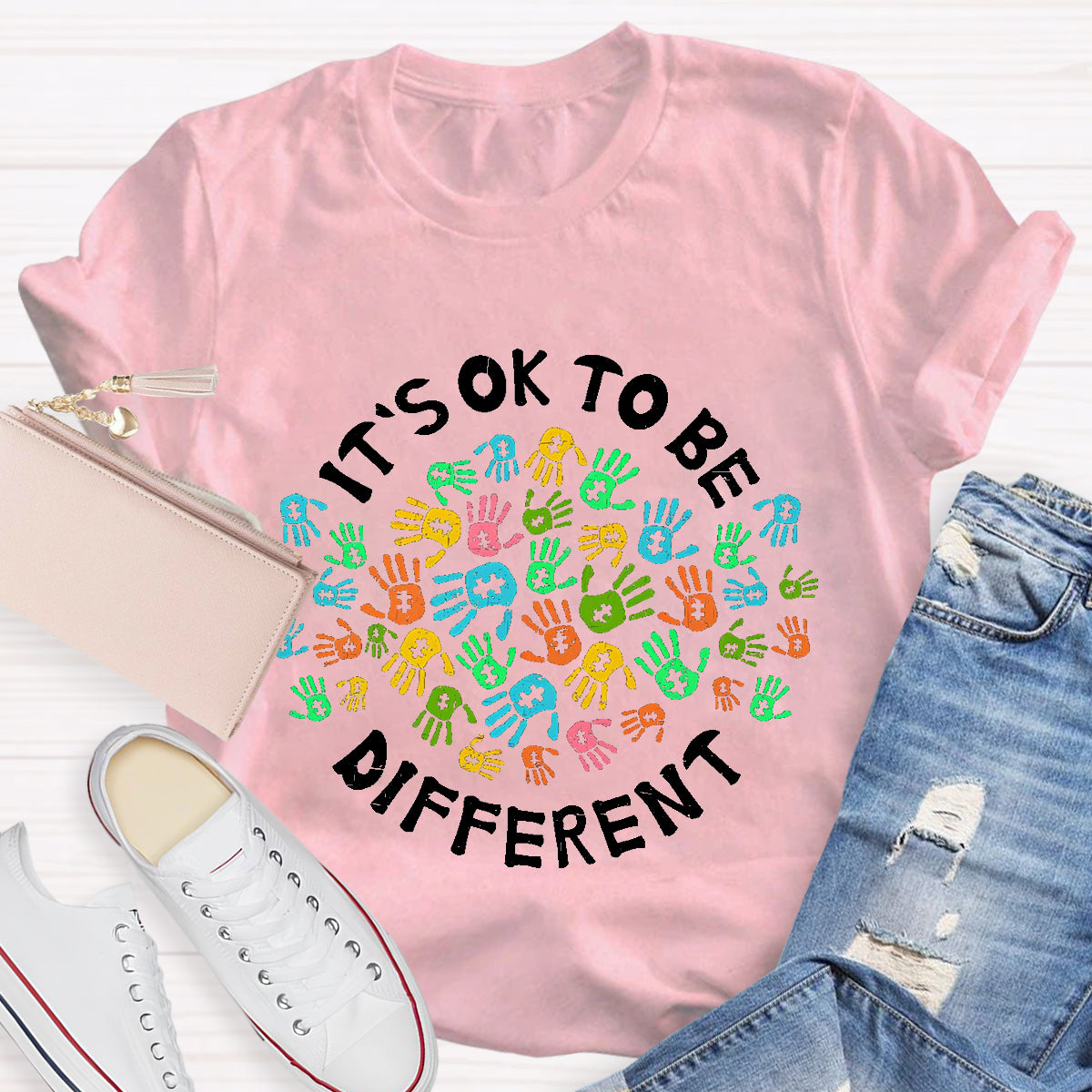 It'S Ok To Be Different Colorful Hands Teacher T-Shirt