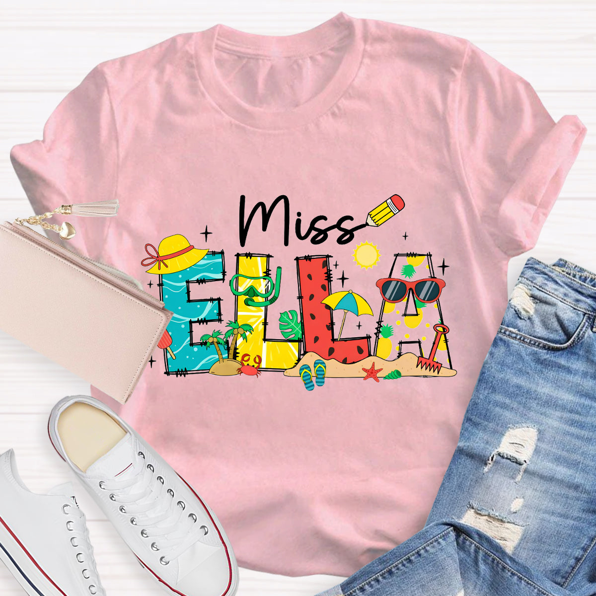 Personalized Name Summer Break Beach Teacher T-Shirt