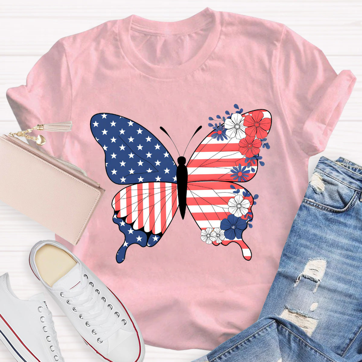 American Flag Butterfly Teacher T-Shirt