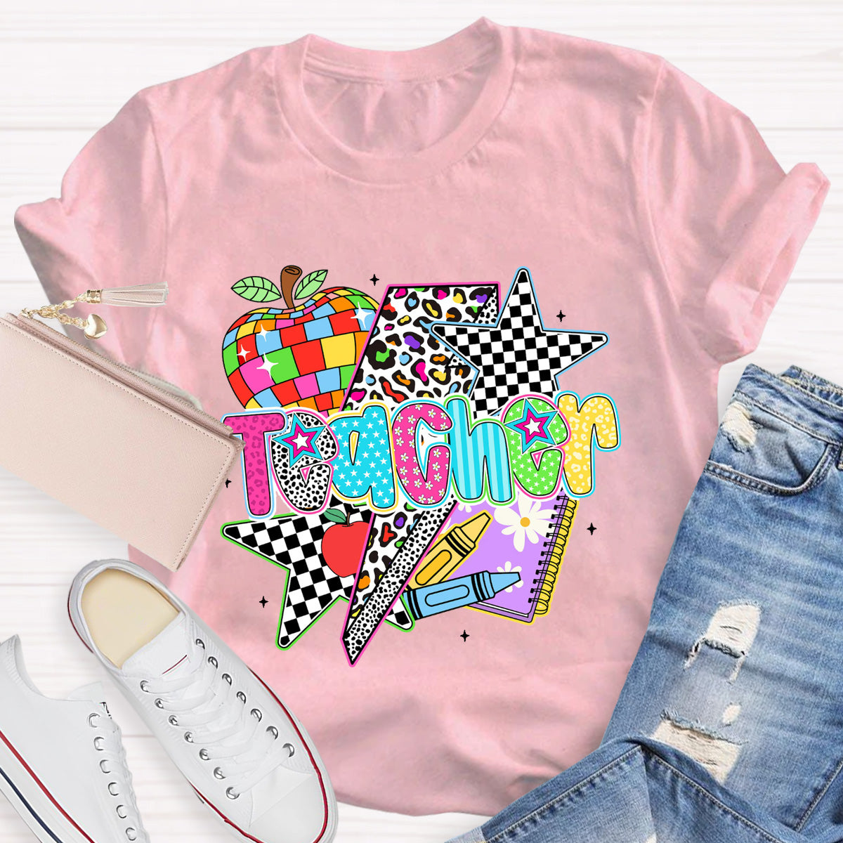 Colorful Leopard Apple Teacher Back To School T-Shirt