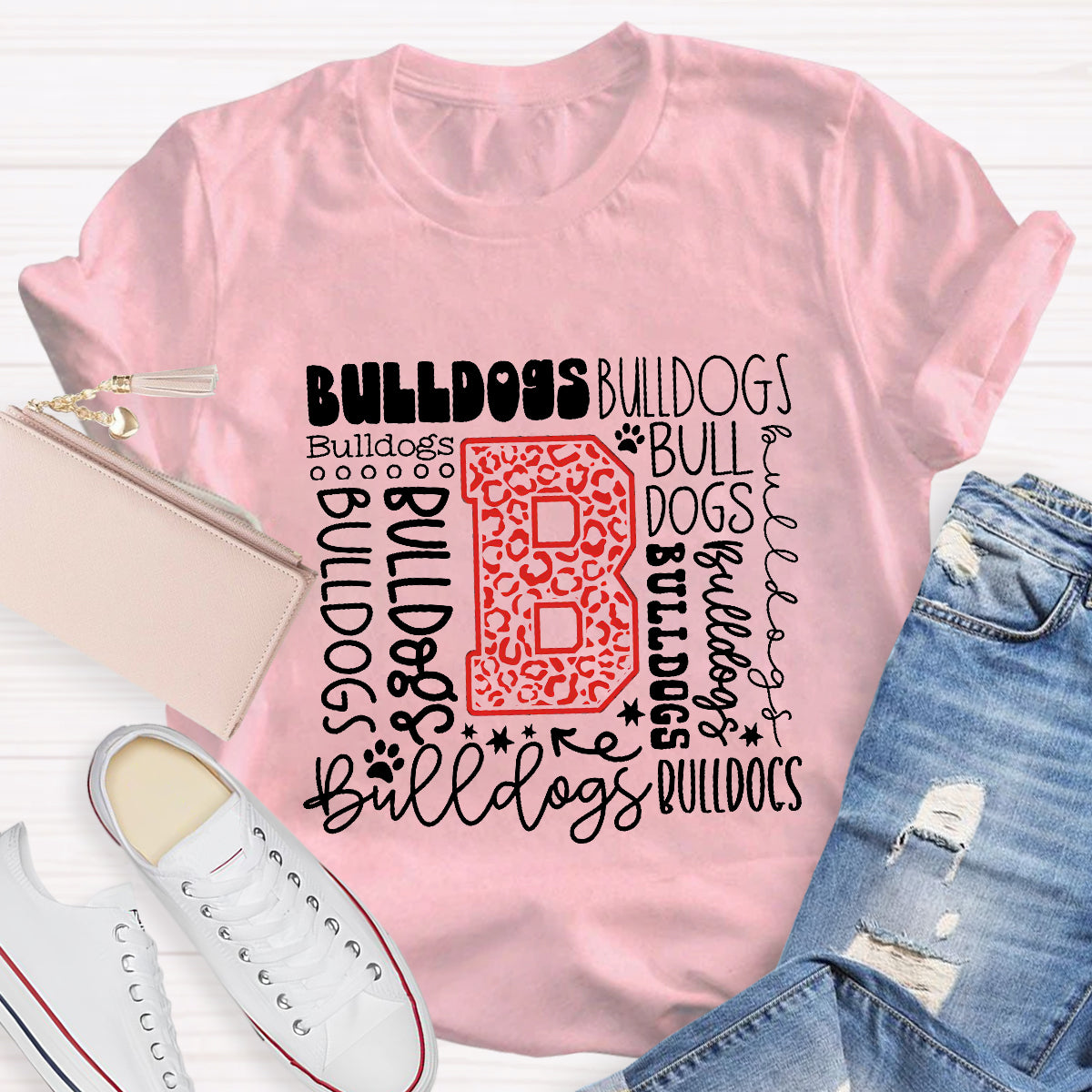 Personalized Mascot Bulldogs Red Printed Teacher T-Shirt