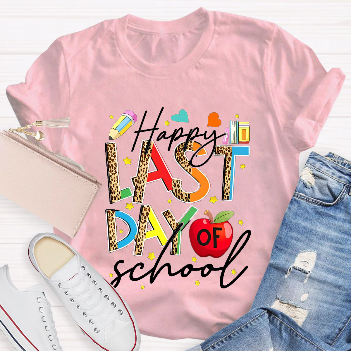 Happy Last Day Of School Leopard Printed Teacher T-Shirt