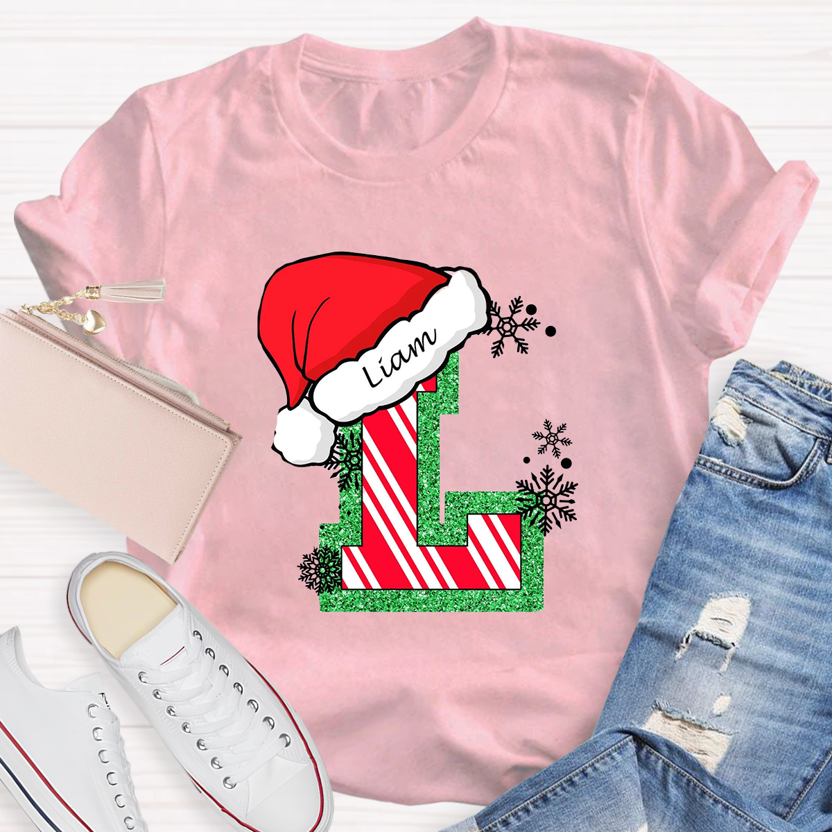 Personalized Name Merry Christmas Santa Holiday Green Red Glitter T-Shirt