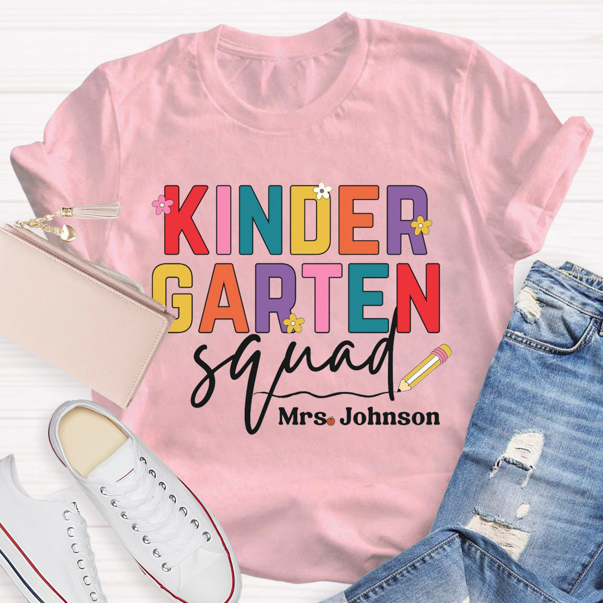 Personalized Grade And Name Teacher Squad Floral Pencil T-Shirt