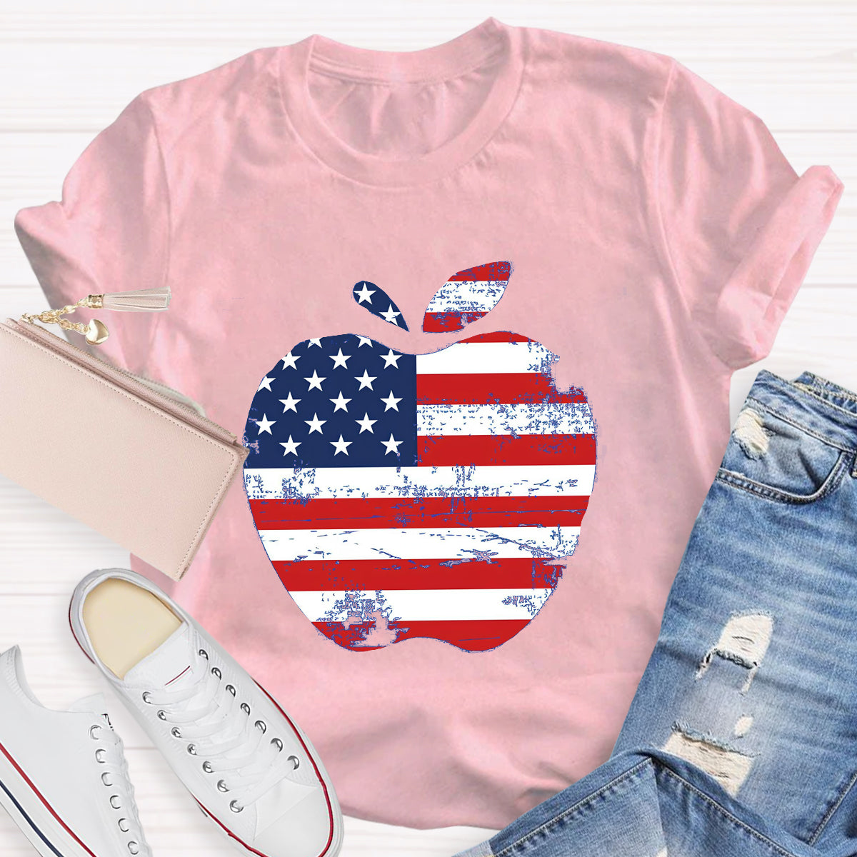 US Flag Apple Teacher T-Shirt