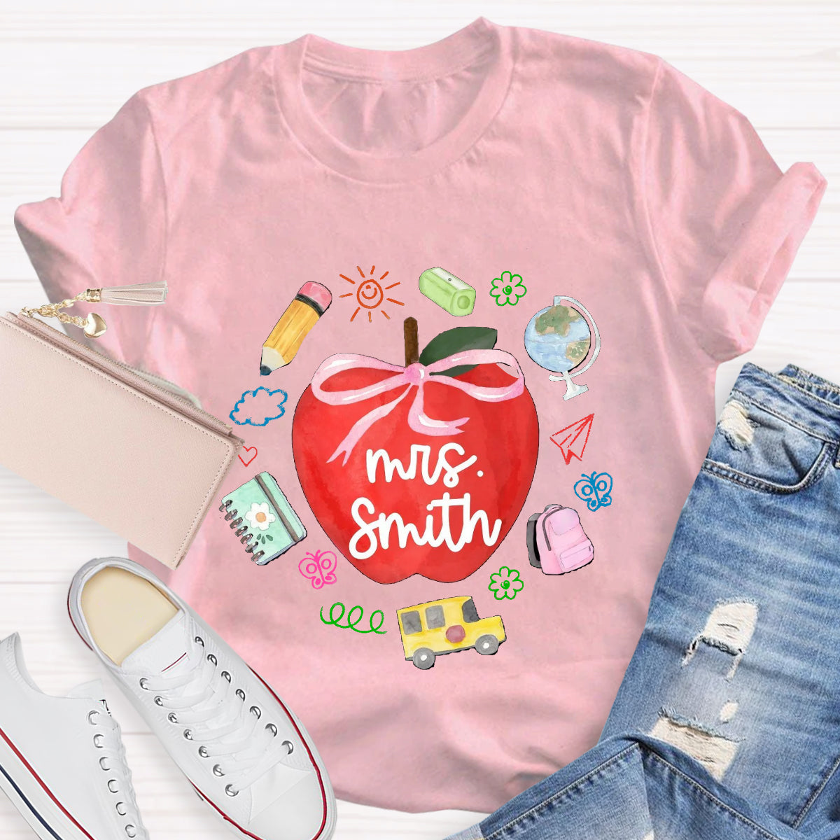 Personalized Name Red Apple Teacher T-Shirt