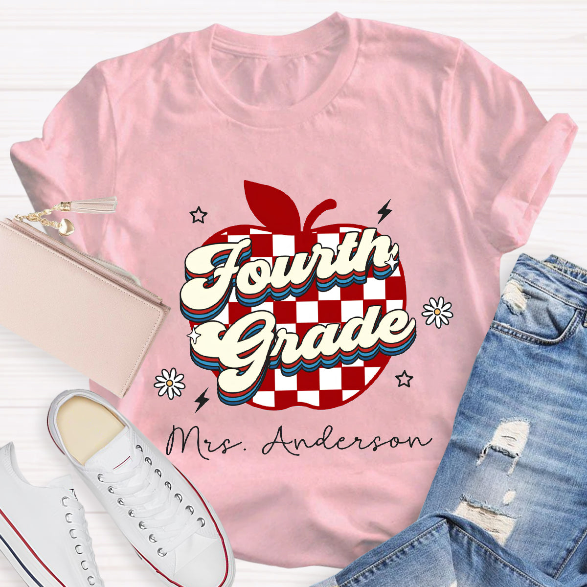Personalized Grade And Name Apple Chessboard Pattern T-Shirt