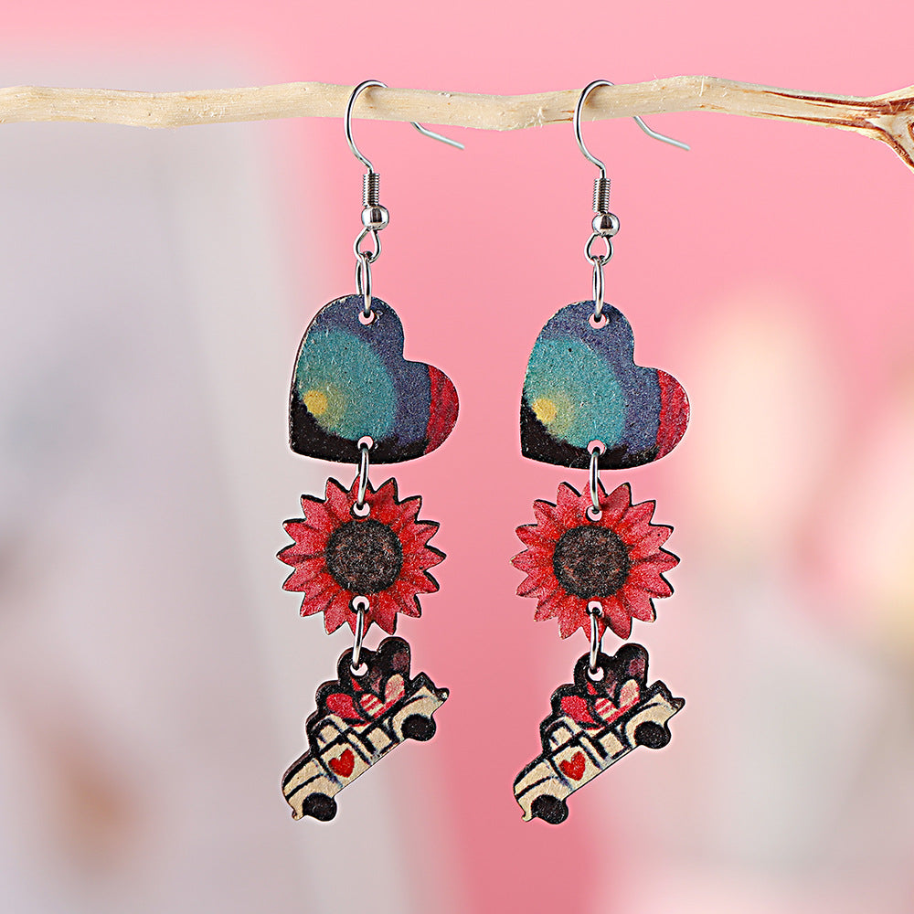 Heart-Shaped Sunflower Love Letter Tri-Piece Tassel Earrings