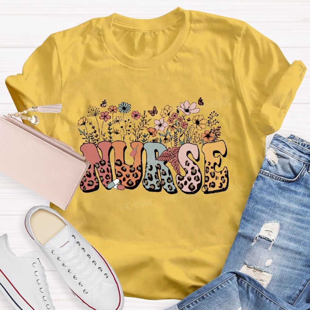 Floral Leopard School Nurse Teacher T-Shirt
