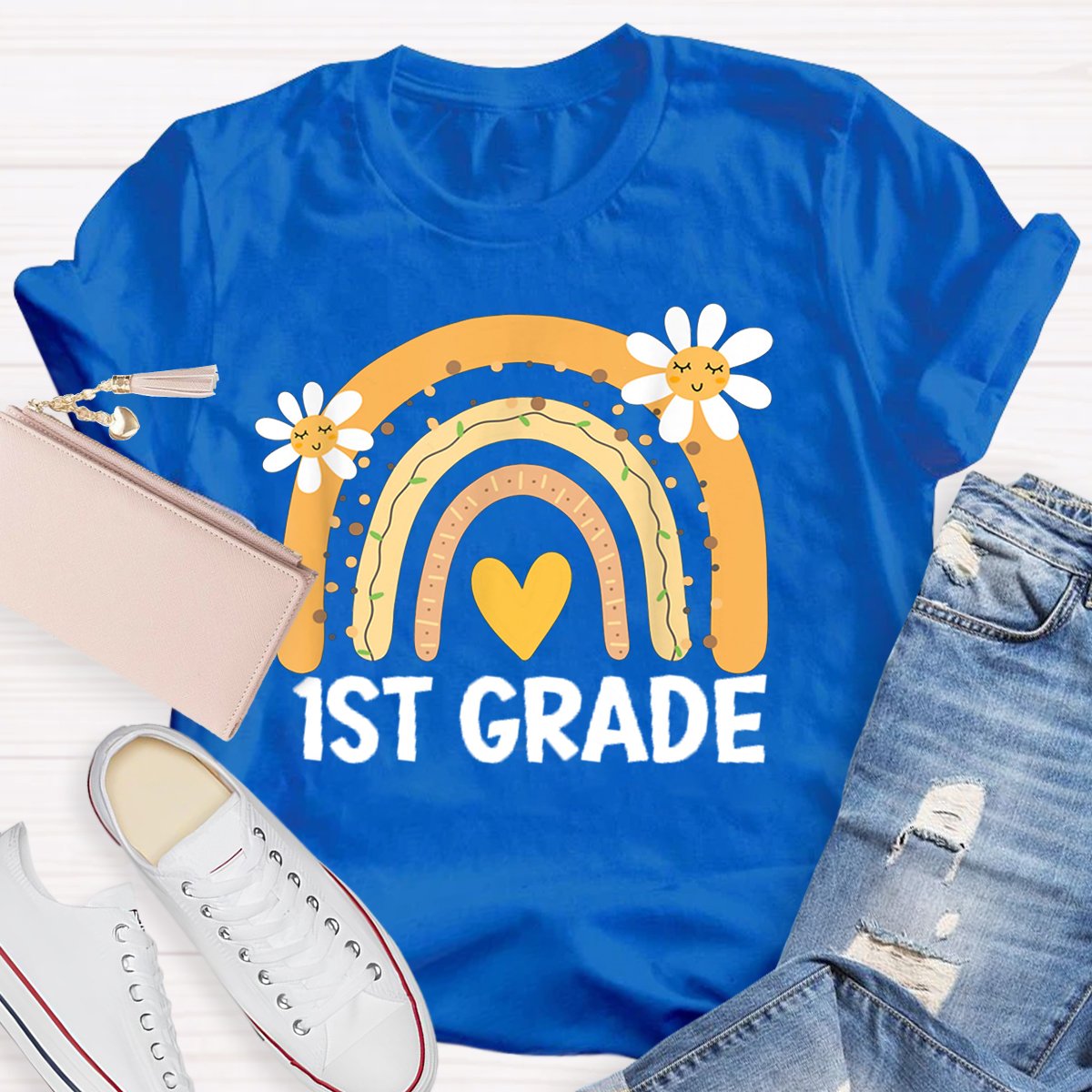 Personalized Grade Rainbow Flowers Teachers T-shirt