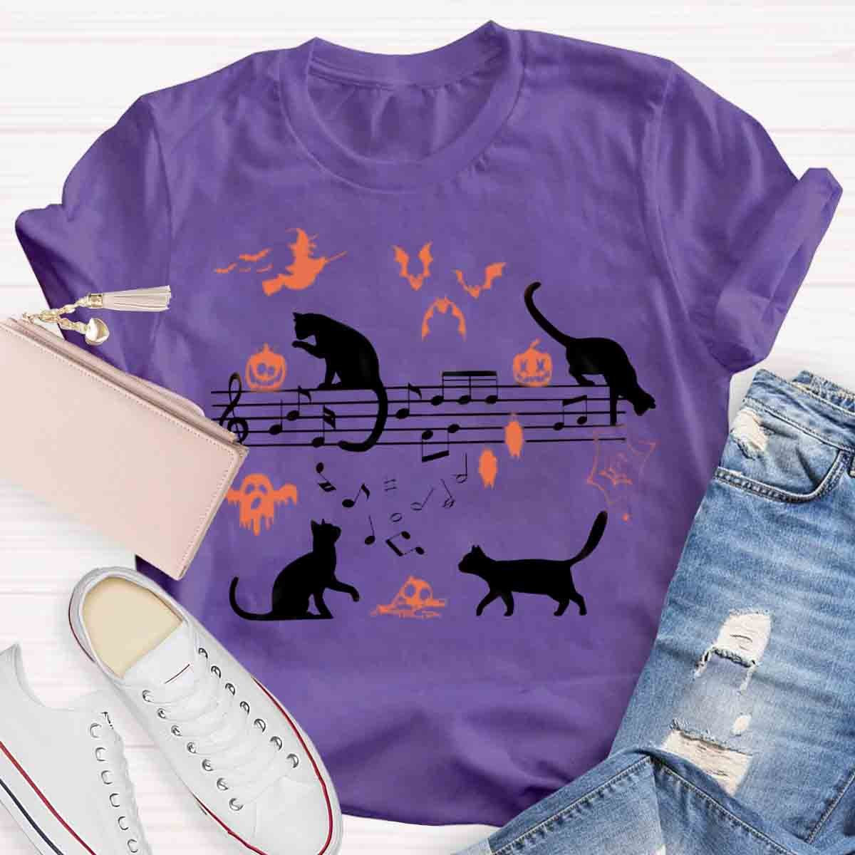 Ghost Cat Music Notes Halloween Music Teacher T-Shirt