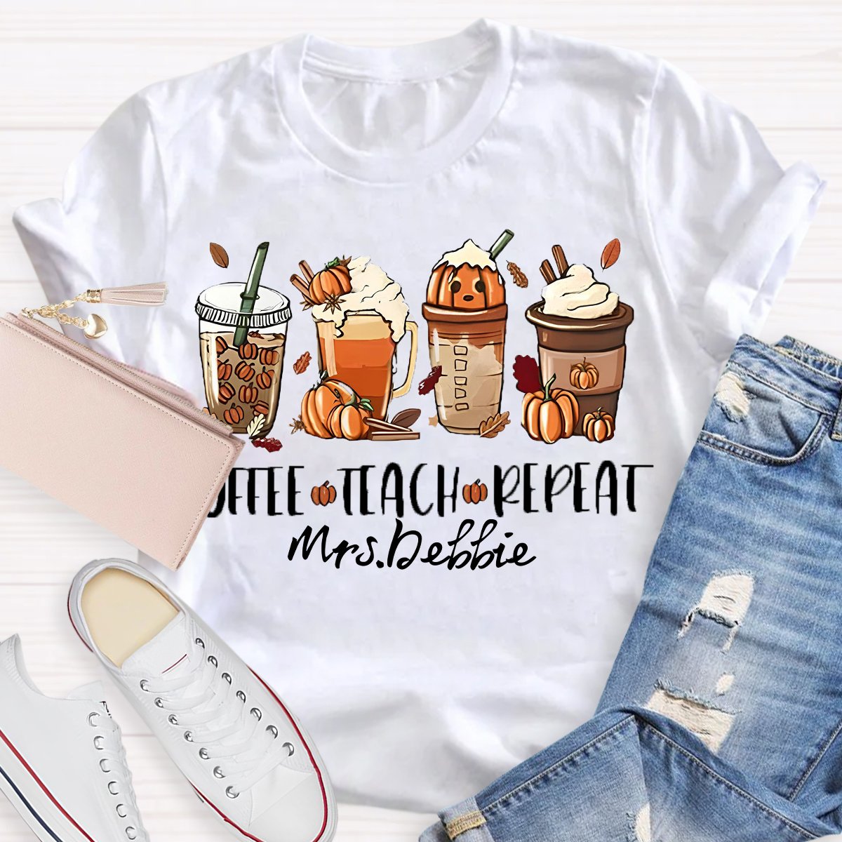 Personalized Name Halloween Coffee Teach Repeat Teacher T-Shirt