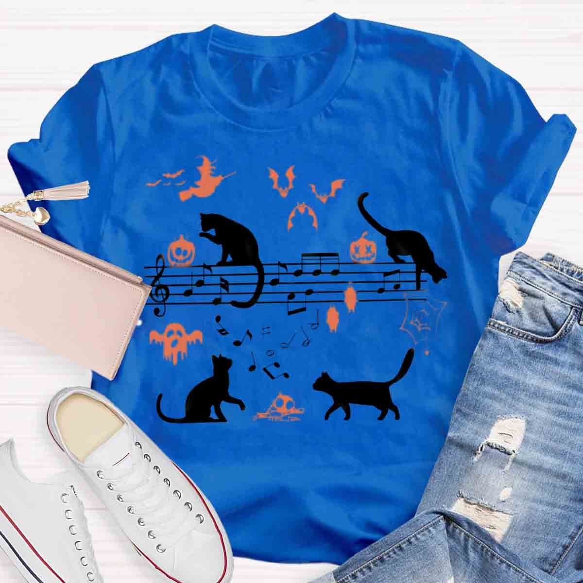 Ghost Cat Music Notes Halloween Music Teacher T-Shirt