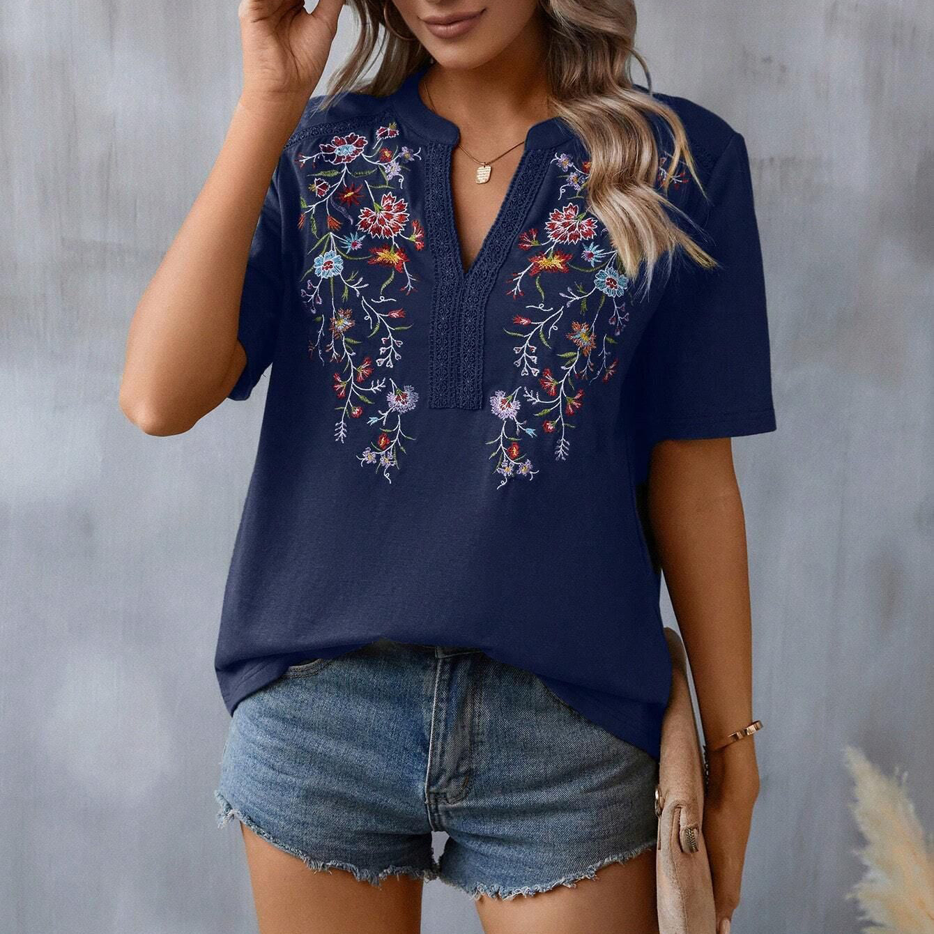 Embroidered And Lace Trim Short-Sleeved T-Shirt