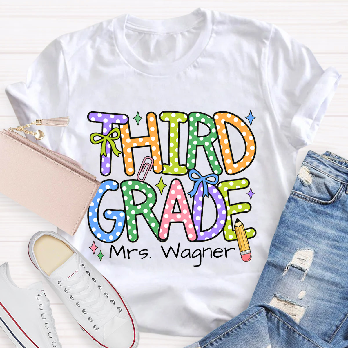 Personalized Name And Grade Colorful Polka Dot Letter Print T-shirt