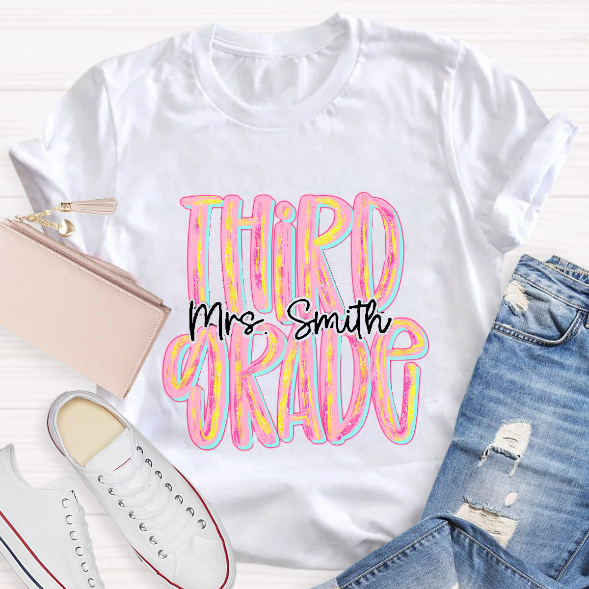 Personalized Grade And Name Pink Second Grade Teacher T-Shirt