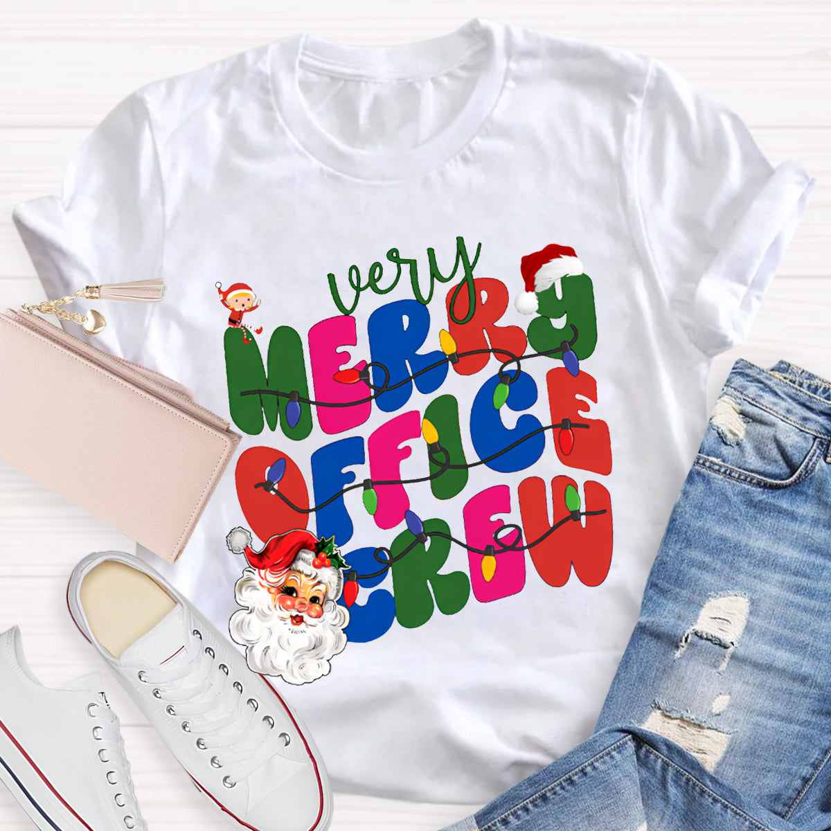 Very Merry Office Crew Santa Claus And Colorful Fonts T-shirt