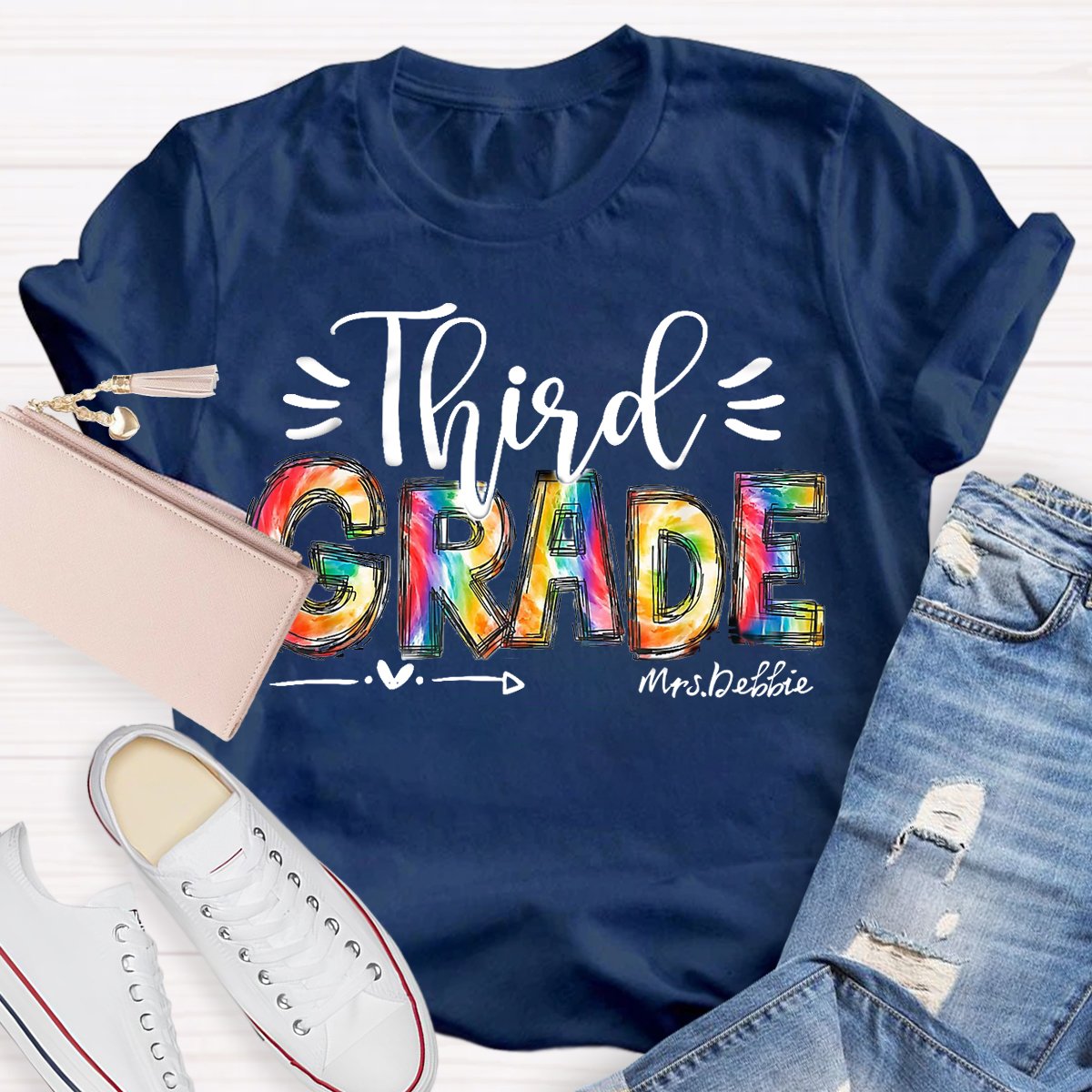 Personalized  Grade And Name Colorful Printed Teacher Back To School T-Shirt