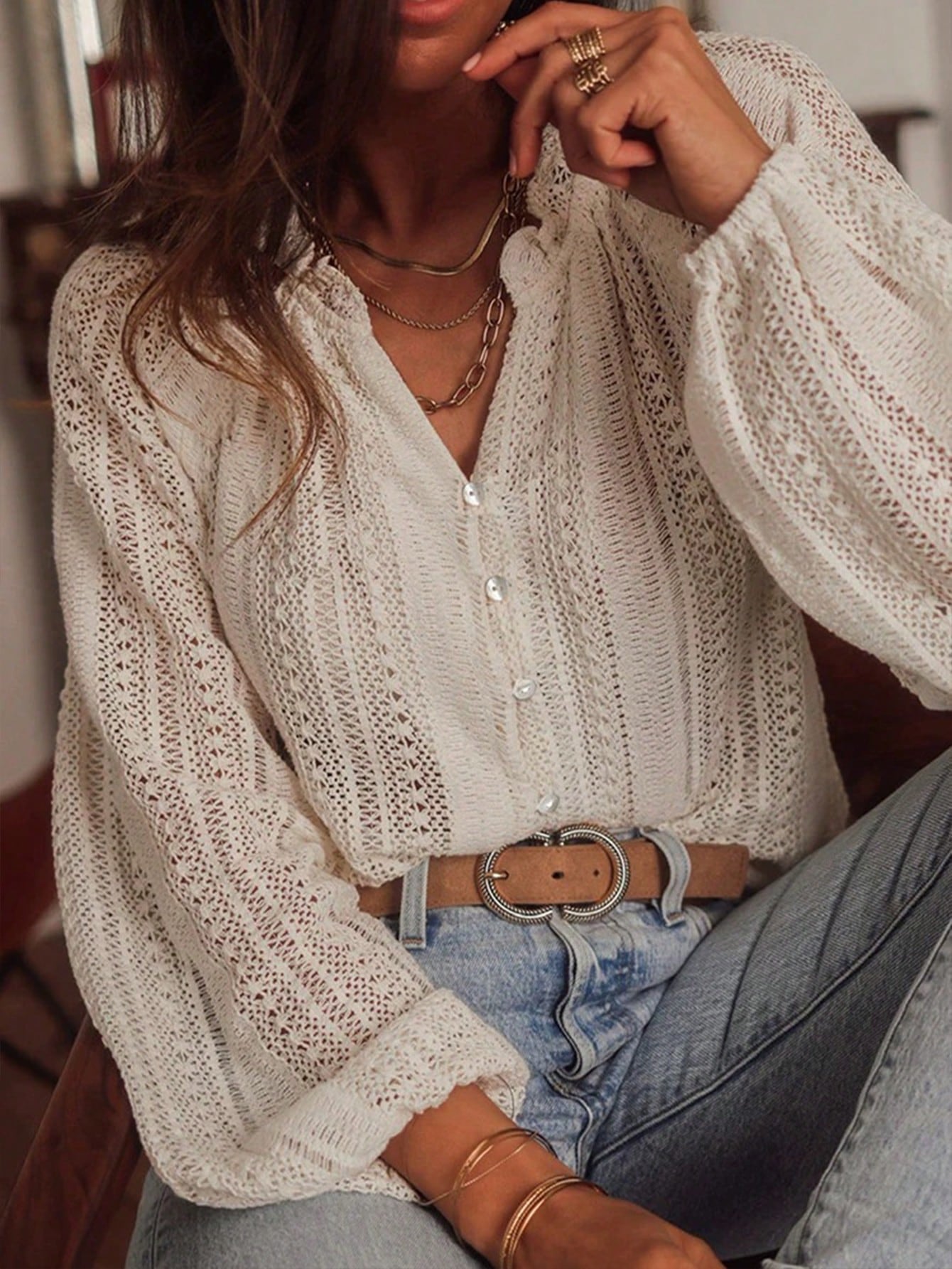 Hollow-Out Lace V-Neck Single-Breasted Long-Sleeved Shirt