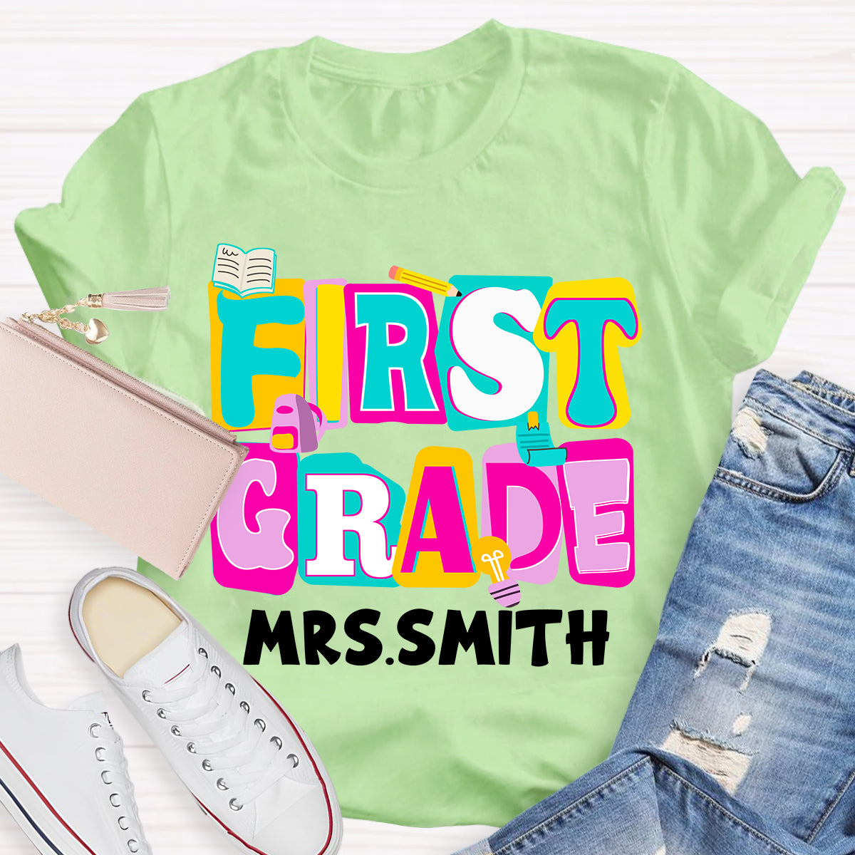 Personalized Grade And Name Colorful Letter Squad Pencil Teacher T-shirt