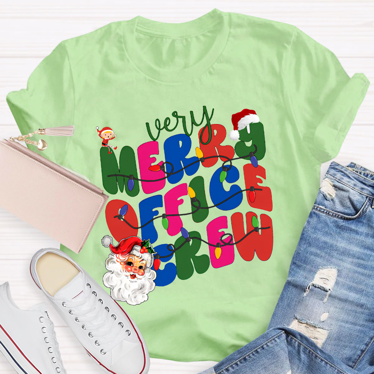 Very Merry Office Crew Santa Claus And Colorful Fonts T-shirt