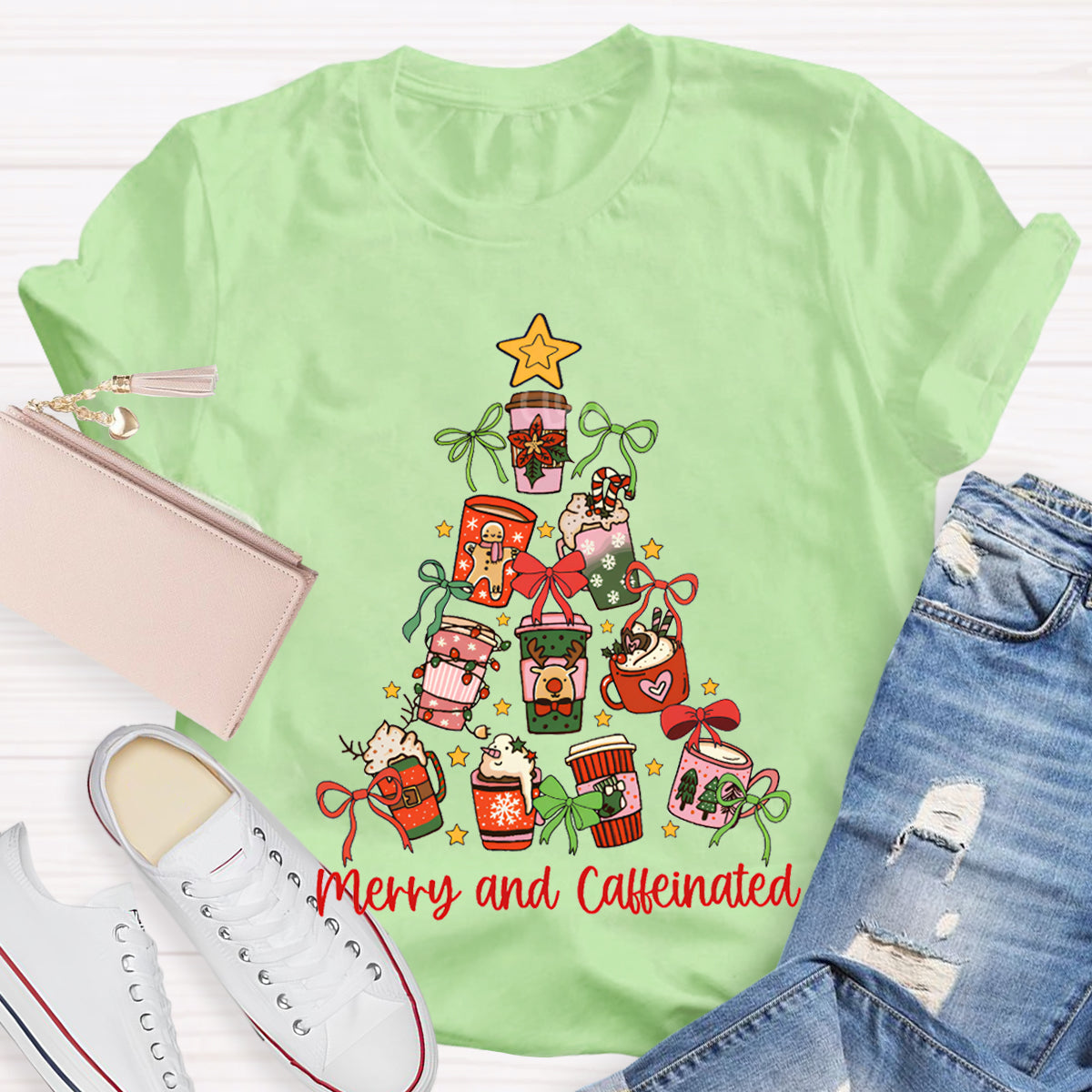 Merry And Caffeinated Christmas Coffee Tree Vibes Christmas T-shirt