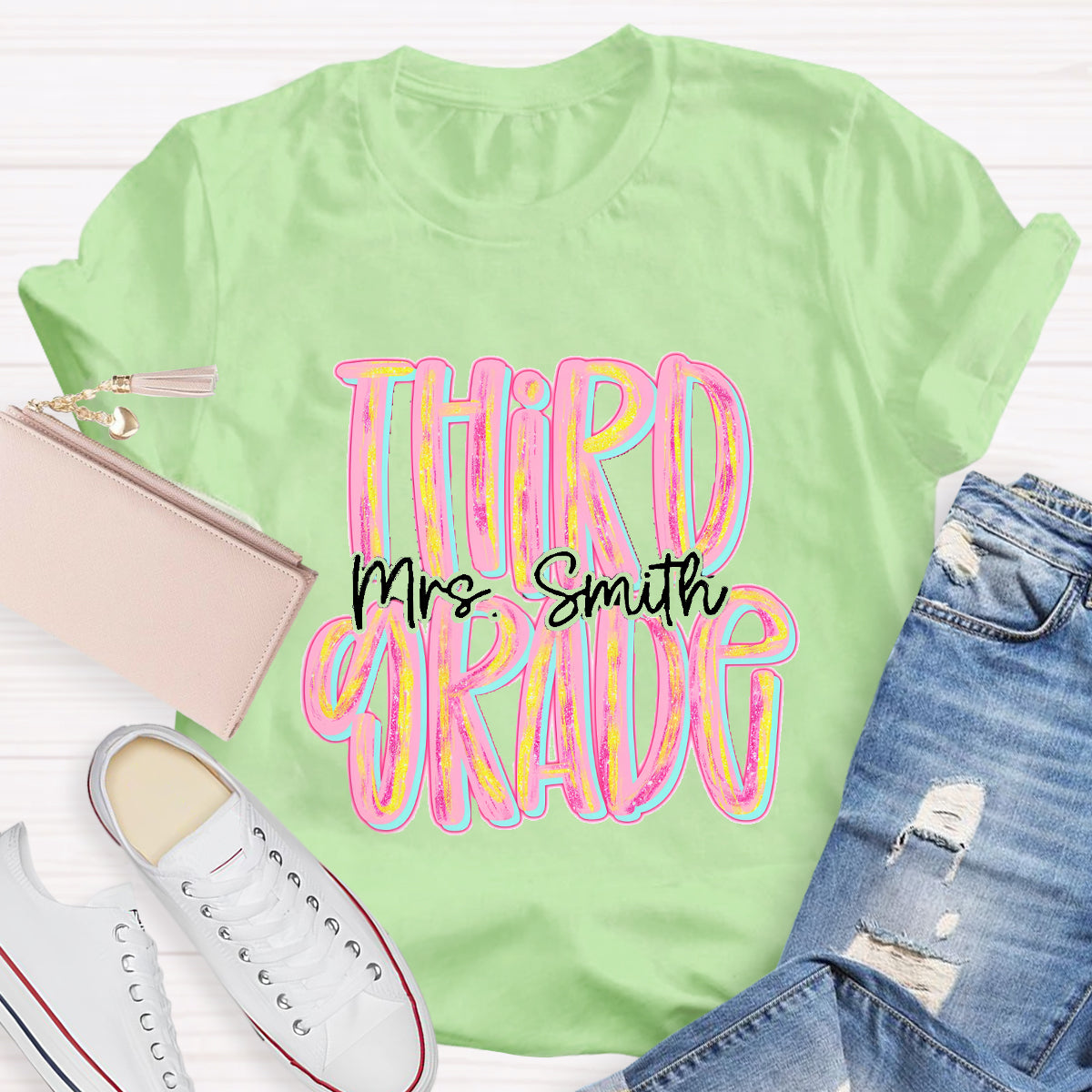 Personalized Grade And Name Pink Second Grade Teacher T-Shirt
