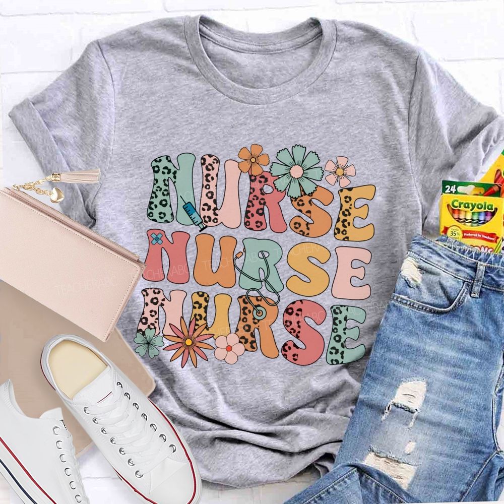 School Nurse Leopard Printed Flower Teacher T-Shirt