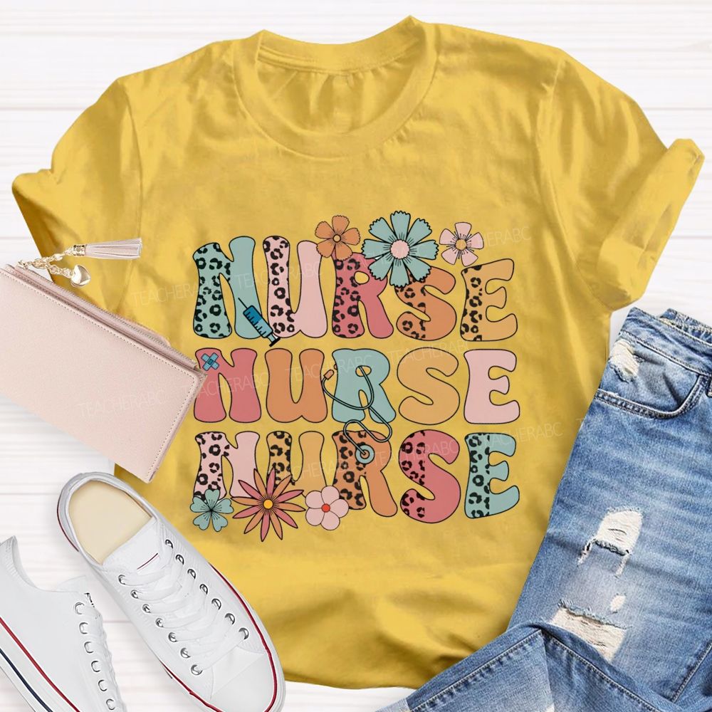 School Nurse Leopard Printed Flower Teacher T-Shirt